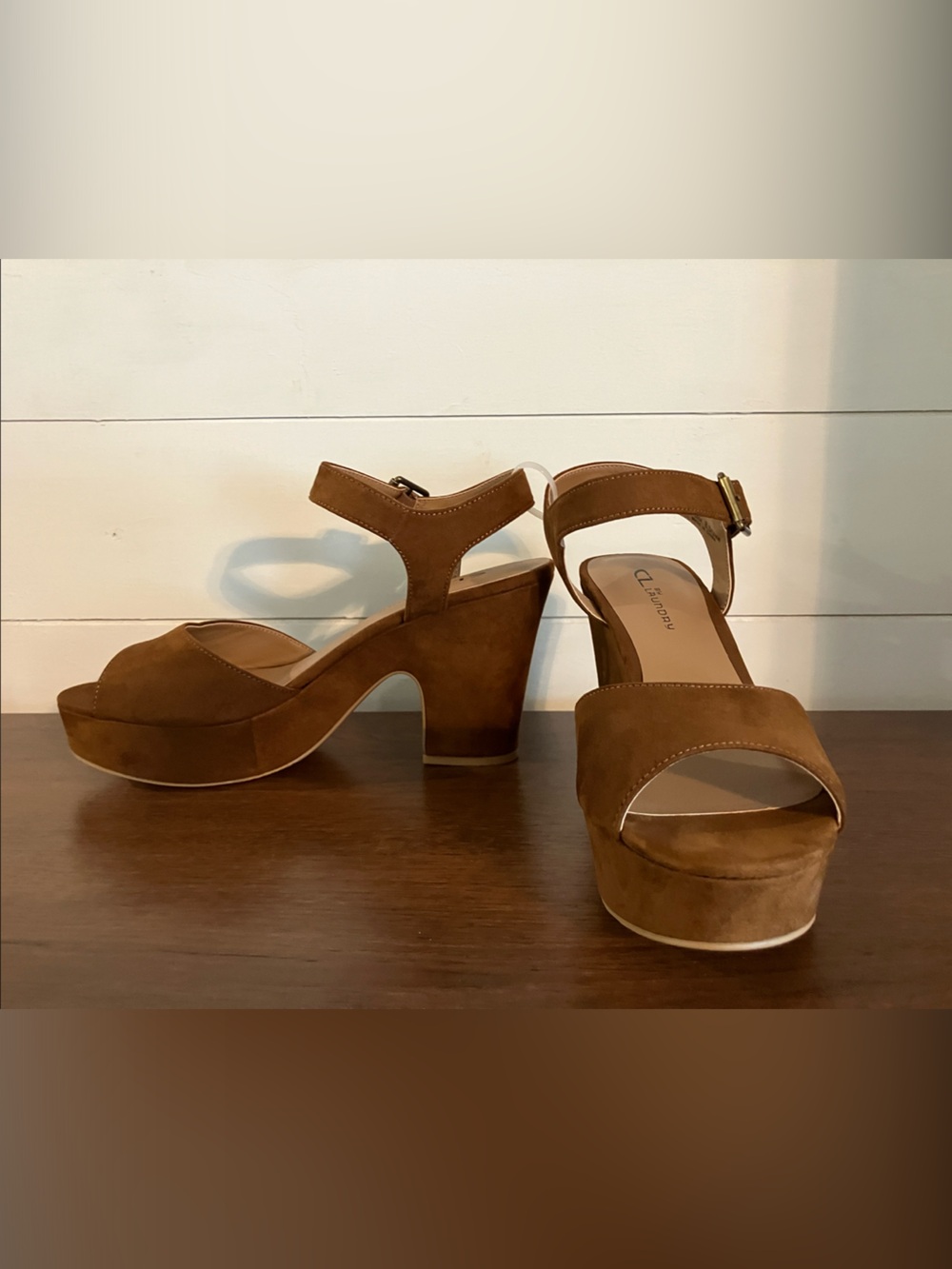 CL by Laundry Tan Suede Platform Block Heel Sandals